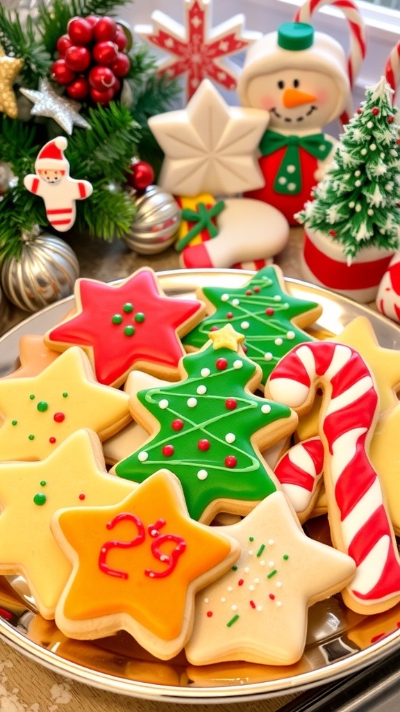 A plate of decorated Christmas cookies in festive shapes, surrounded by holiday decorations.